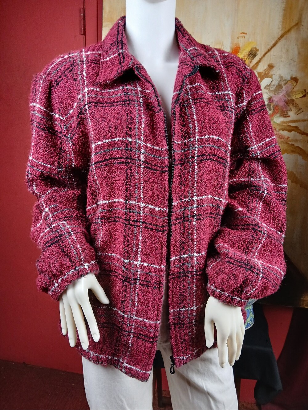 Alfred Dunner Red Plaid Boucle Textured Full Zip Jacket 16